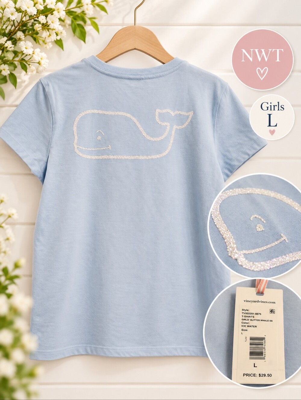NWT Vineyard Vines Girls L 14 Ice Water Blue Glitter Whale Pocket Tee